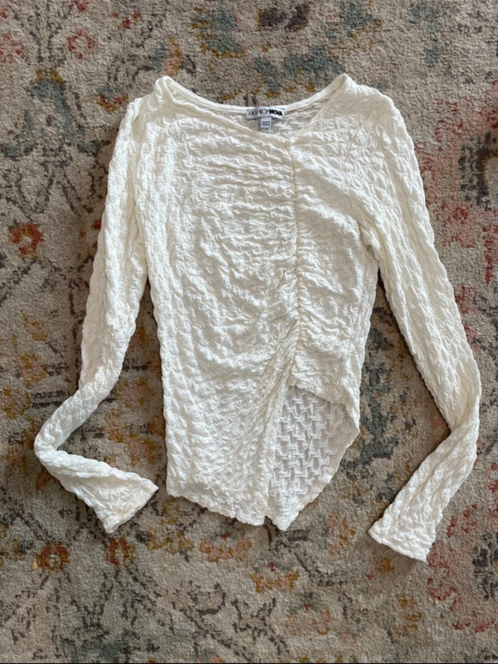 Fashion Nova Cream Textured Ruched Asymmetrical Long Sleeve Top